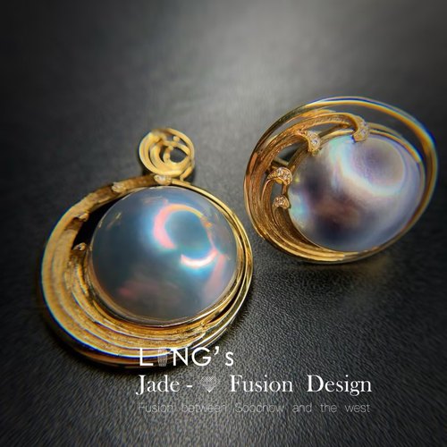 *吉祥玉易坊*18K黄金钻石   马贝珠大尺寸  套装（挂件+戒指）