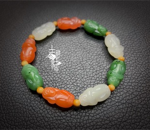 *吉祥玉易坊*新疆和田籽料 南红 碧玉 三不猴  三色  多宝手串