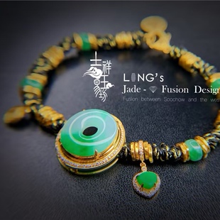 *吉祥玉易坊*18K黄金钻石 翡翠白底辣绿平安扣 足金手链隔片款