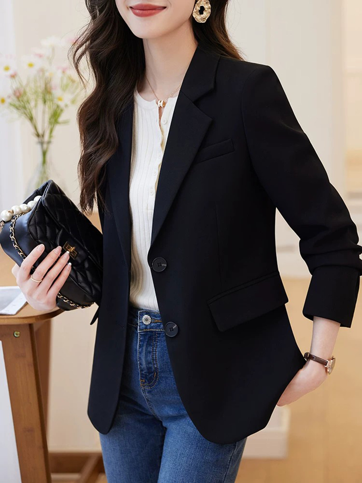 Casual black blazer for women, spring/autumn 2026 new fashion Kor