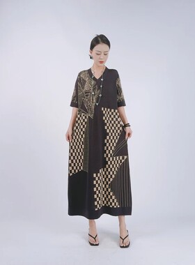 A955灰杏棋盘格图案针织连衣裙显瘦设计师优雅时尚气质复古玥玥羊