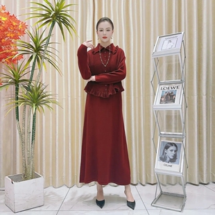 A120酒红色设计气质秋冬长款 提花轻奢针织两件套玥玥羊