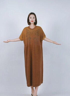 A896焦糖色蝴蝶镶钻针织连衣裙显瘦设计师优雅时尚气质复古玥玥羊