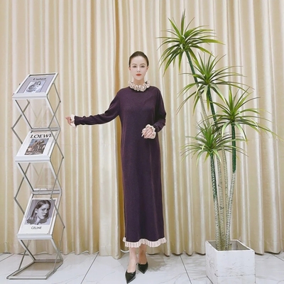 9952深紫温柔风奶油木耳边装饰宽松显瘦连衣裙