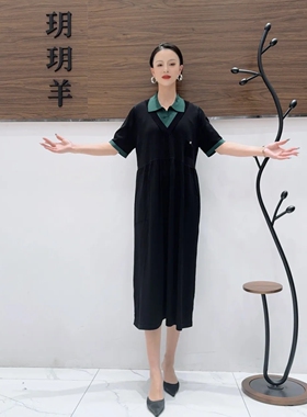 A449黑绿针织连衣裙收腰显瘦设计师优雅时尚气质复古夏季玥玥羊