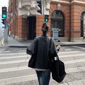 皮衣外套女2023新款春秋季女装机车短款黑色美式复古皮夹克小个子