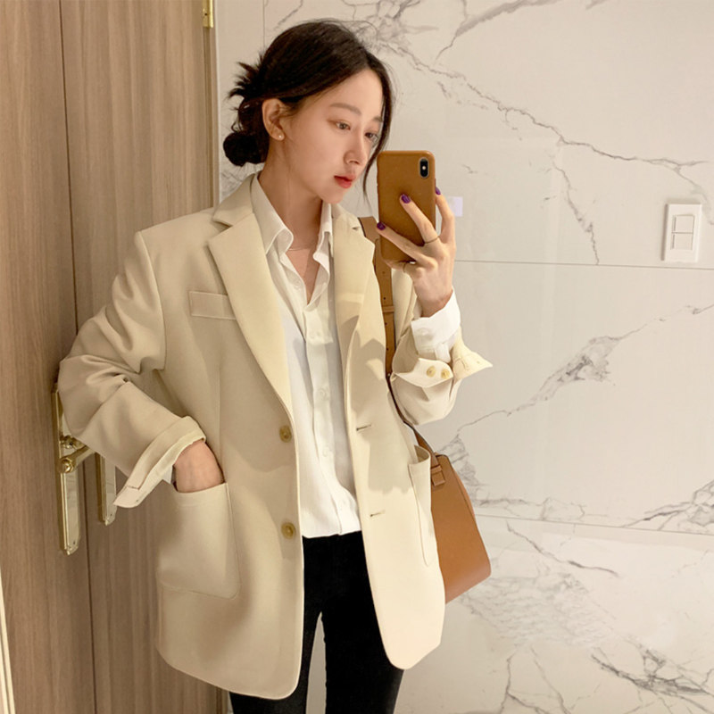 米白色西装外套女2021年新款高级感韩版英伦风宽松质感小个子西服