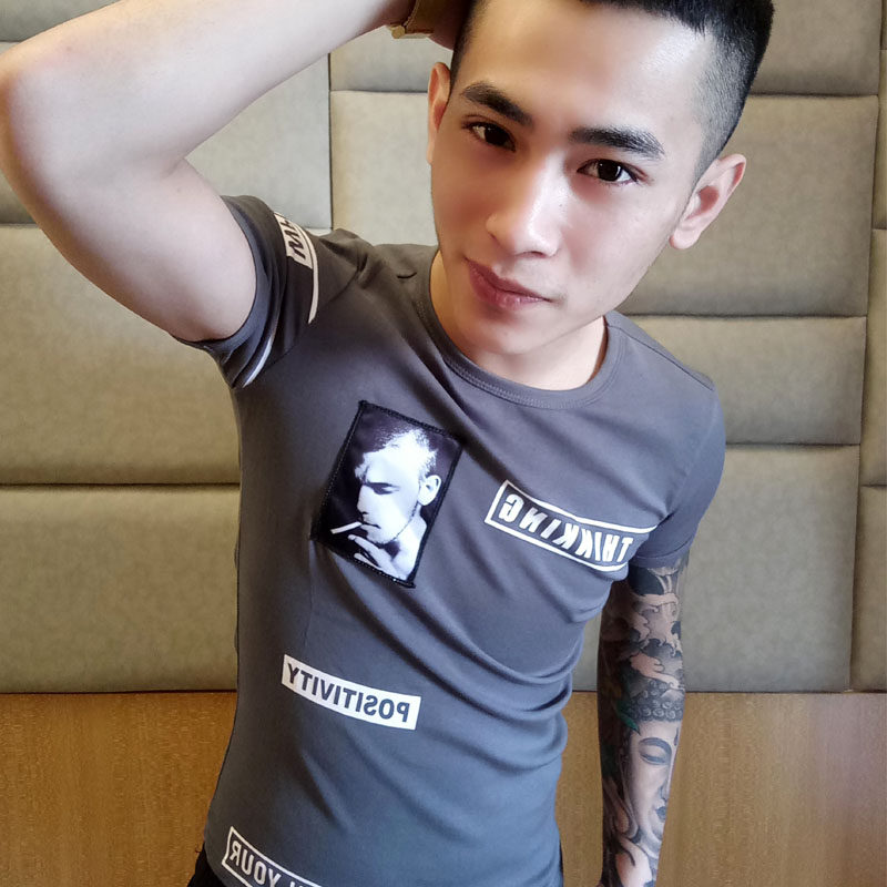 快手网红吴迪同款短袖t恤 青年紧身纯棉修身半袖精神社会小伙潮男