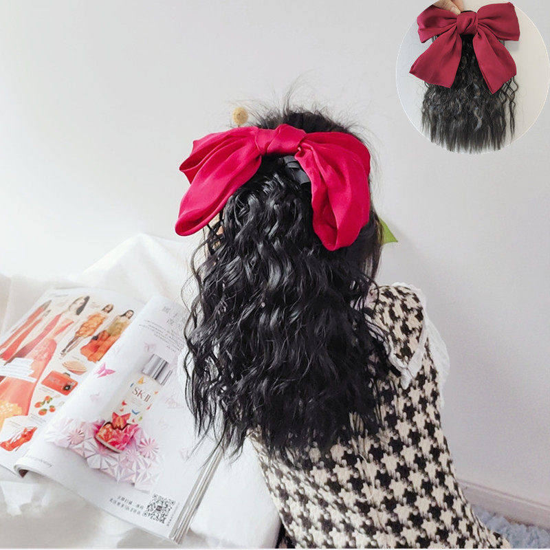儿童假发大蝴蝶结卷发长直马尾绑带夹子公主女孩童宝宝表演头饰品