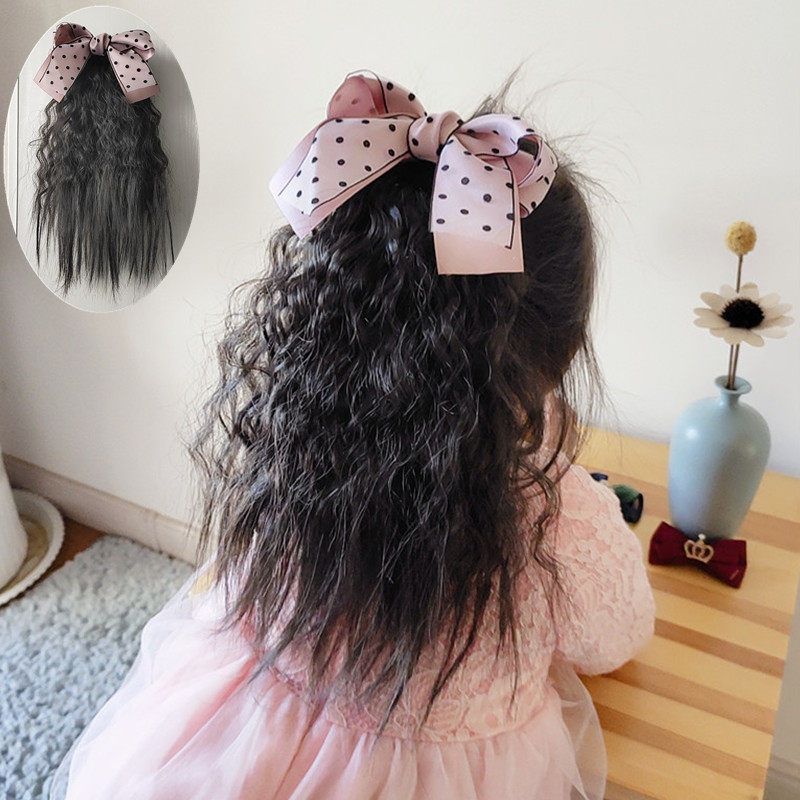 韩版小女孩仿真假发马尾玉米烫卷儿童蝴蝶结清新公主造型宝宝头饰