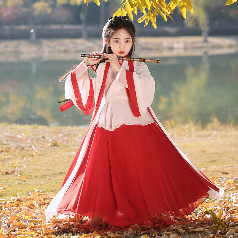 中国风红色女童汉服春秋款儿童古装女孩魏晋风交领齐腰广袖仙女裙