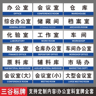 大型会议室行政质检综合助理资材办公室成品仓库车间原料辅料库储藏间市场办扩展部财务档案化验工作室科室牌
