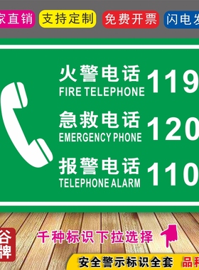 D72火警电话119急救电话120报警电话110绿色紧急电话消防安全指示提示标志牌标识墙贴标牌标语牌定做贴纸定制