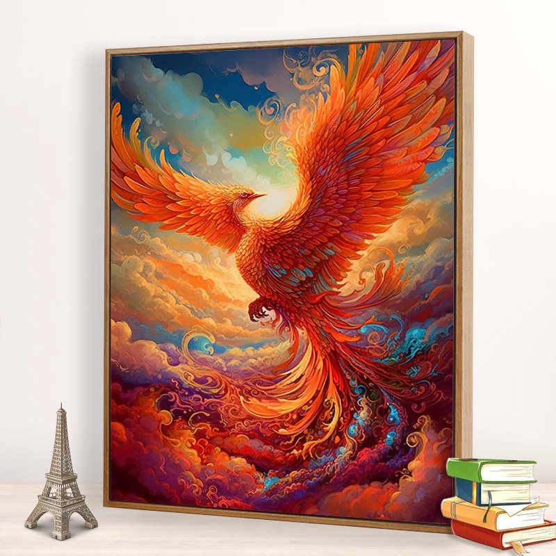 火凤凰数字油画diy手工手绘填涂色中国风丙烯装饰油彩画凤凰于飞