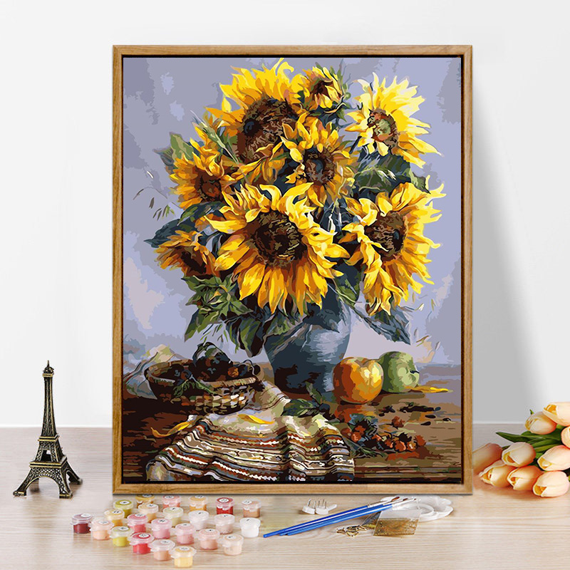 加厚框diy数字油画客厅卧室花卉填色手绘装饰画墙画向日葵花瓶-封面