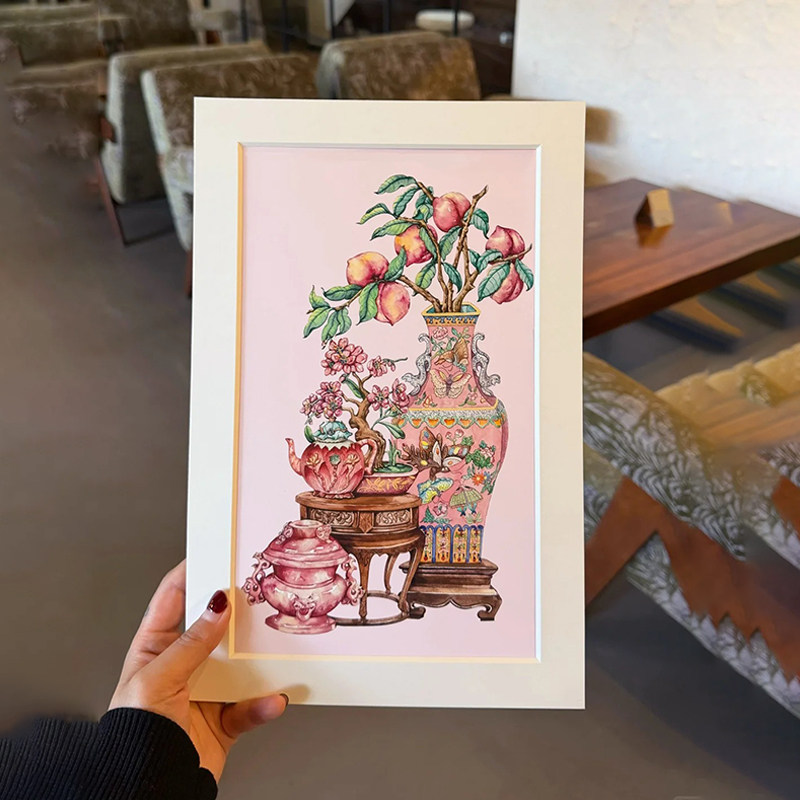 《桃花开》新中式创意客餐厅装饰画中古风玄关背景电表箱遮挡挂画