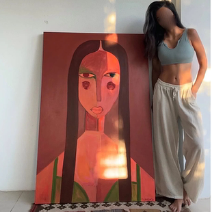 当代艺术家红底人物装饰画小众艺术软装挂画客厅沙发背景玄关壁画