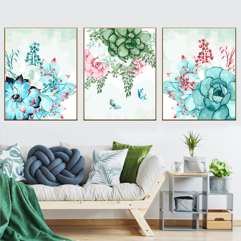 diy数字客厅花卉三拼大幅填色画