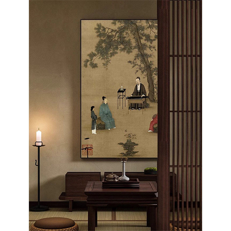 听琴图宋氏美学新中式装饰画客厅书房茶室背景墙竖版壁画过道挂画