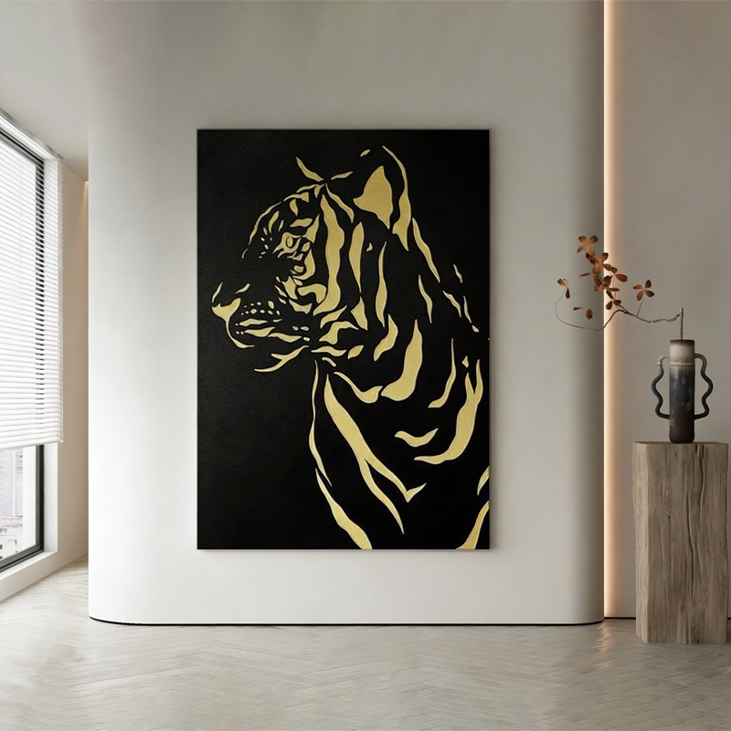 现代轻奢黑金老虎剪影装饰画小众软装挂画客厅入户玄关艺术墙壁画