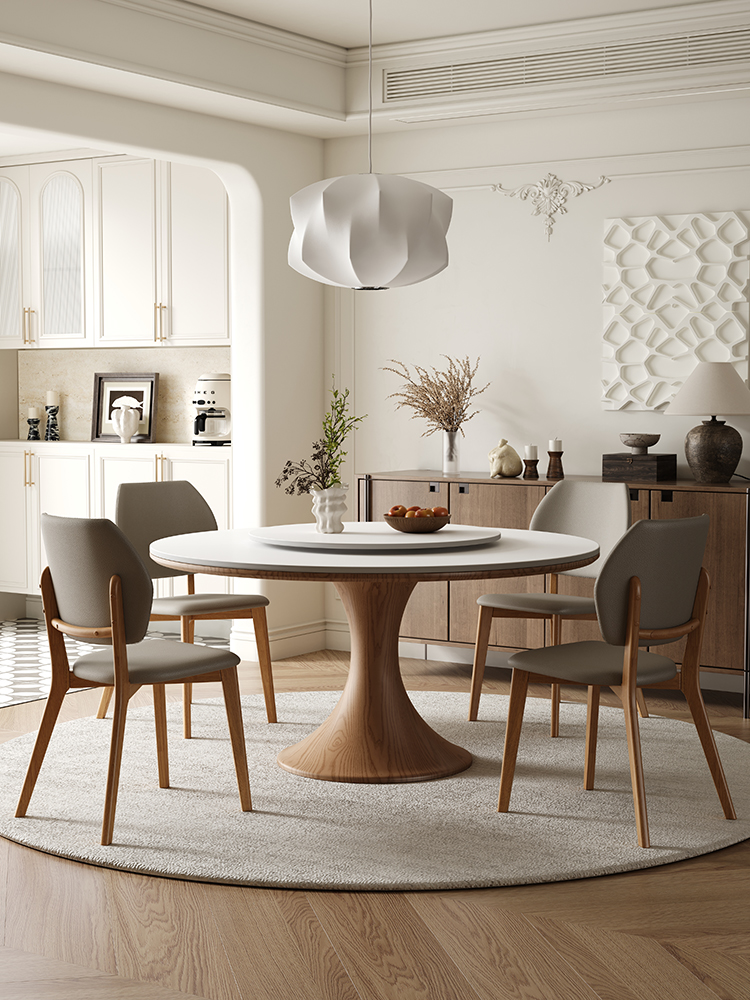 中古风岩板实木餐桌小户型白蜡木胡桃色简约覆古家用带转盘圆桌