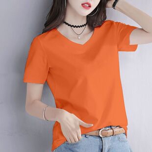 橘色宽松女士t恤短袖 韩版 百搭正肩体恤新款 洋气显瘦v领上衣潮 夏季