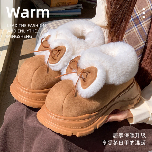 蝴蝶结高帮保暖毛绒踩屎感棉拖