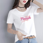 2025夏季 新款 韩版 纯棉白色宽松女士t恤短袖 百搭正肩半袖 印花体恤