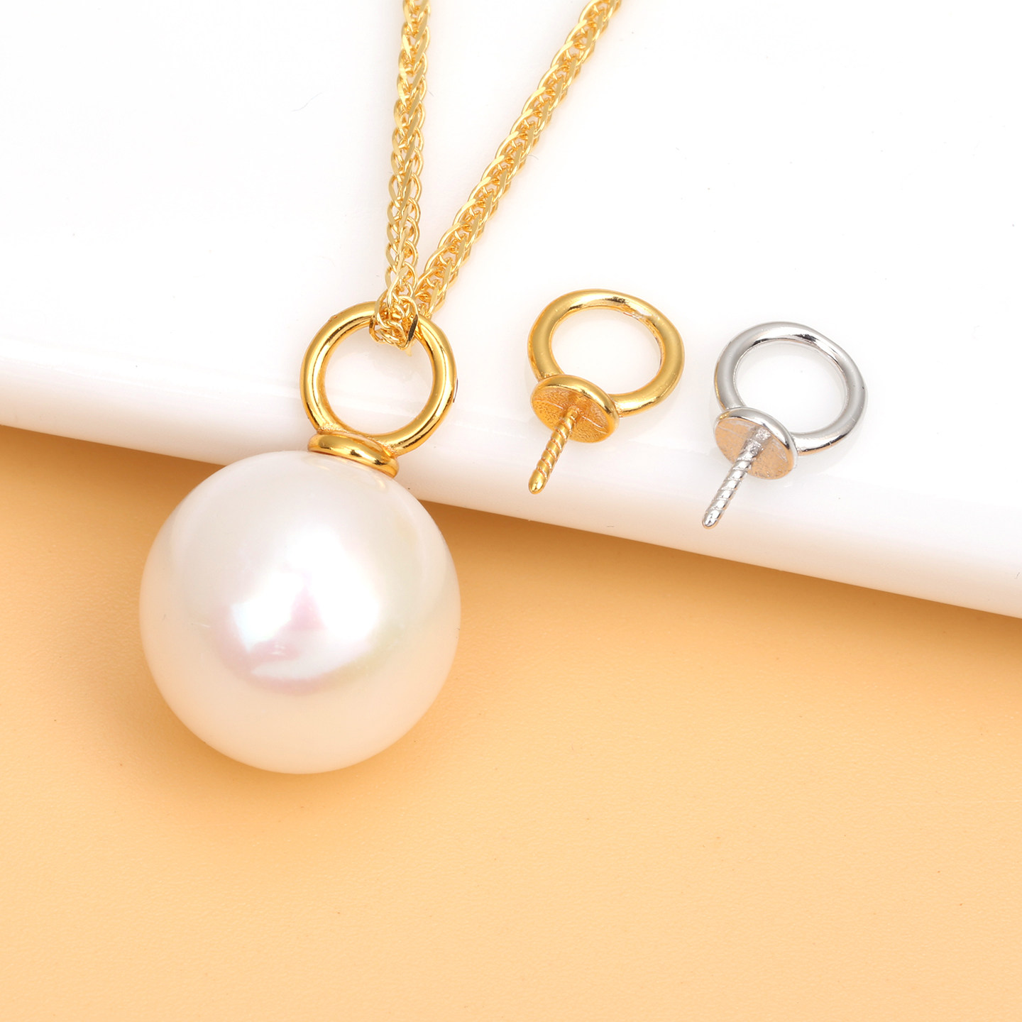 S925纯银圆珠扣粘珠扣半孔圆珠扣DIY百搭蜜蜡水晶珍珠扣空托配件