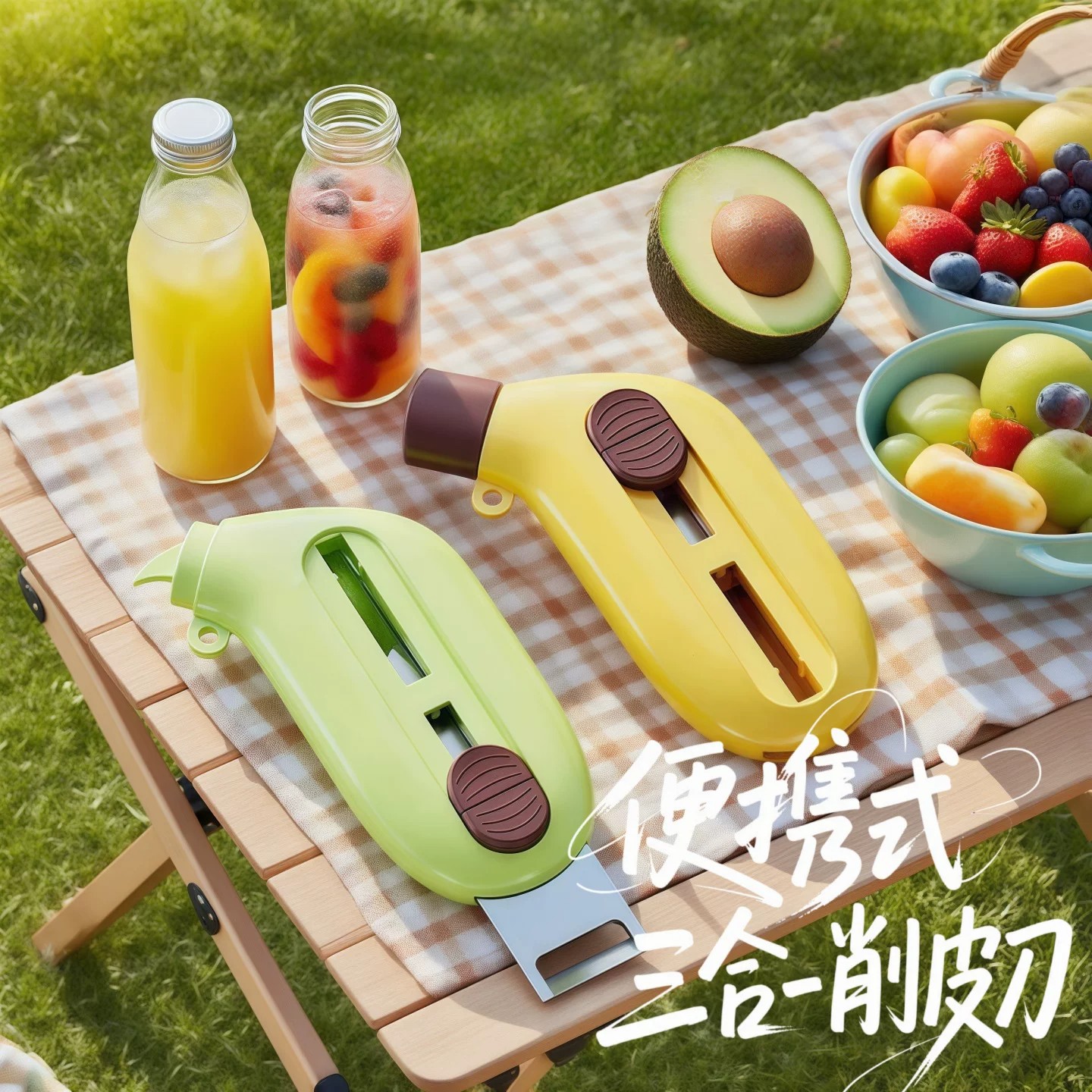 便携三合一水果削皮器户外旅行迷你削皮刀伸缩创意刮皮刀钥匙扣链