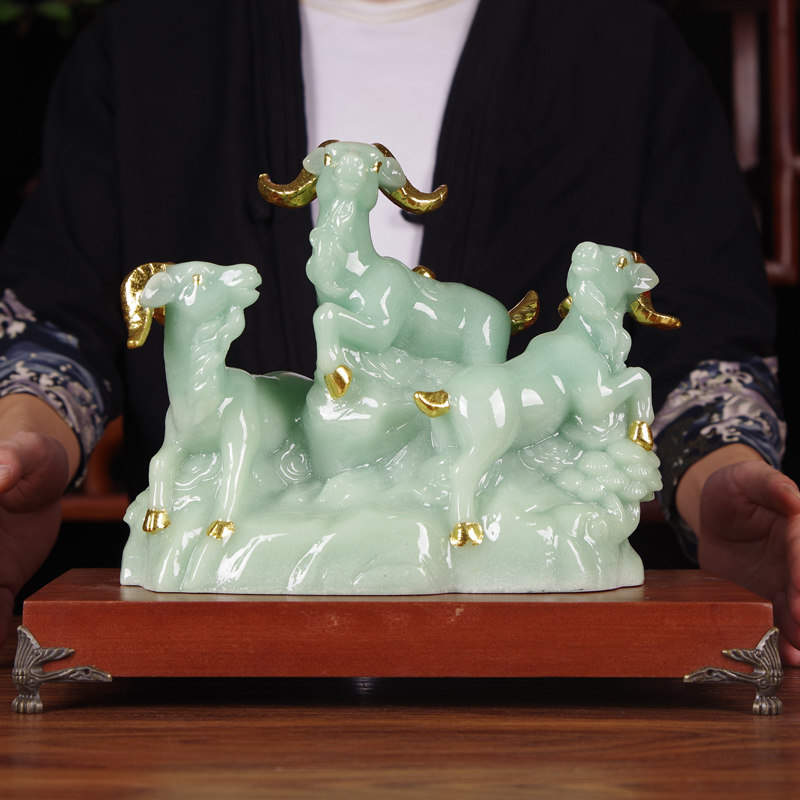 玉石三羊开泰大号羊摆件书房家居客厅朋友乔迁酒柜办公装饰工艺品
