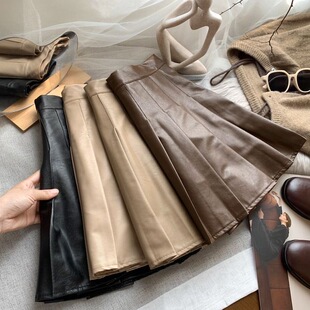 甜酷在线~质感软pu皮高腰百褶半身裙女秋冬防走光皮短裙A字小皮裙