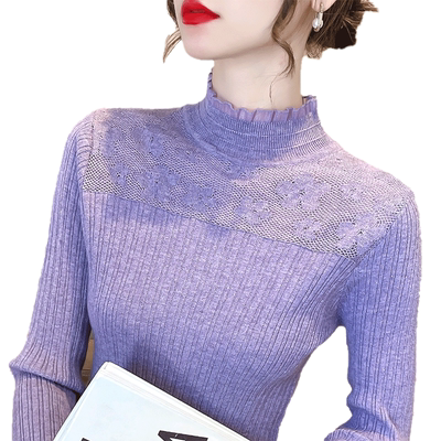 洋气花朵蕾丝半高领打底针织衫女