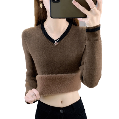 一体绒V领加绒毛衣女加厚打底衫