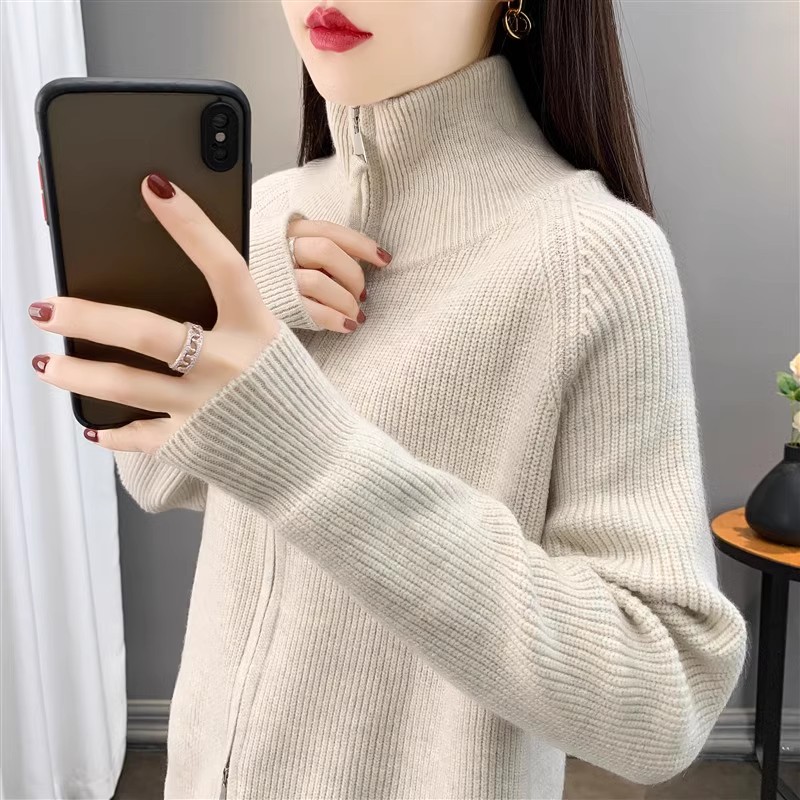 秋冬拉链立领毛衣开衫女针织外套