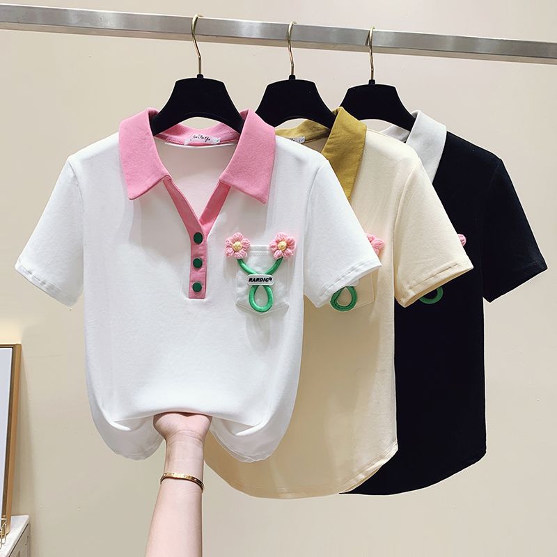 刺绣小花设计短袖夏季纯棉女式t恤女小个子短袖polo衫撞色修身潮