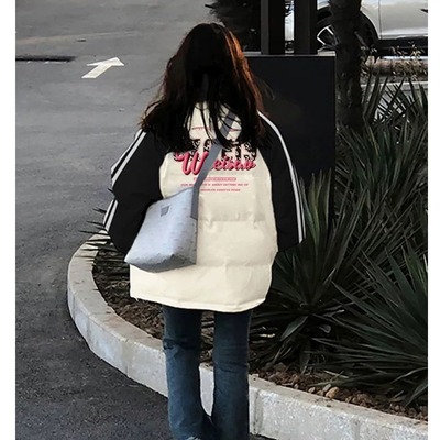 冬季黑白撞色立领保暖棉衣