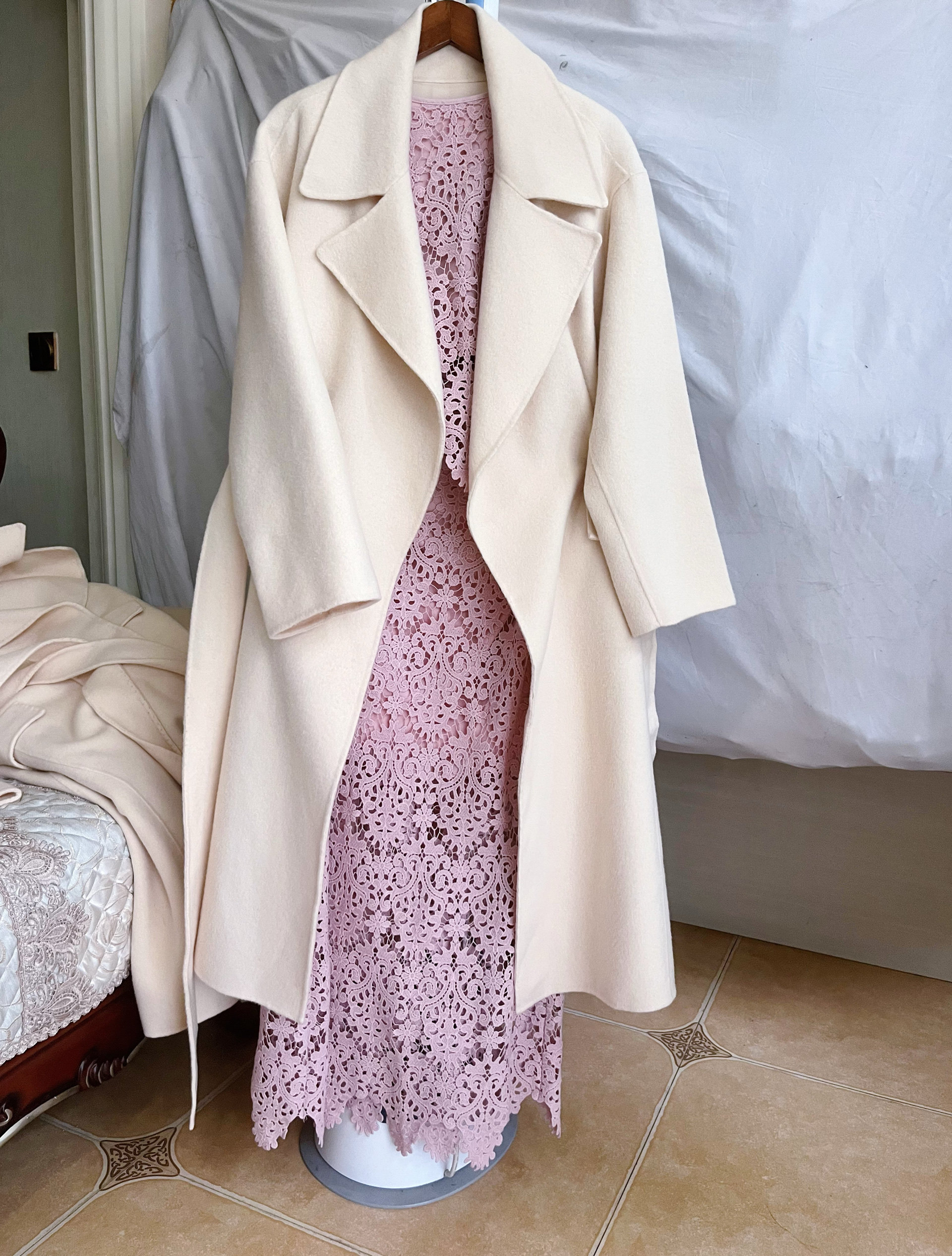 反季大衣极简休闲版双面呢羊毛混纺系带奶白色24秋新通勤女呢外套