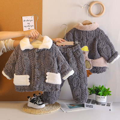 男童睡衣秋冬款2025新款儿童珊瑚绒三层夹棉加厚法兰绒男孩家居服