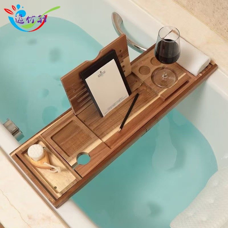 竹木浴缸架多功能泡澡红酒架伸缩防滑浴缸托盘支架浴缸平板置物架