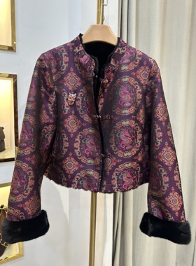 欧洲站2025冬季立领盘扣桑蚕丝提花羊皮毛一体双面穿皮草外套8361