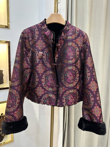 欧洲站2025冬季立领盘扣桑蚕丝提花羊皮毛一体双面穿皮草外套8361