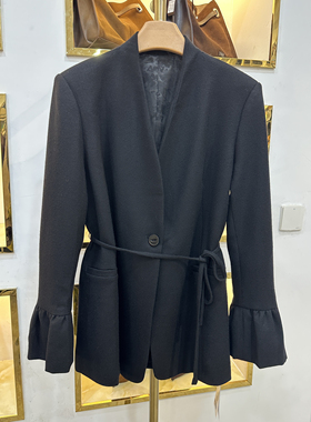 2025秋季新款韩版时尚百搭V领单排扣喇叭袖精致系带黑色西装外套