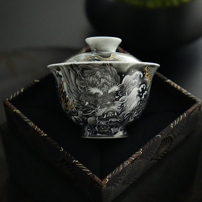高端岩茶墨彩龙纹描金盖碗