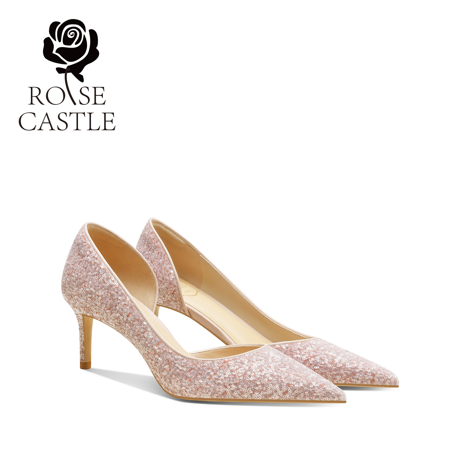 rosecastle婚鞋女新娘鞋粉色亮片主婚纱鞋日常可穿单鞋结婚