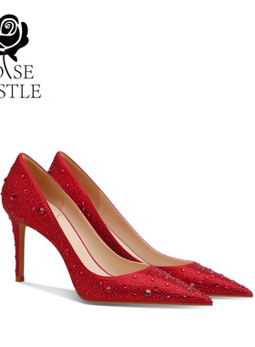 rose castle红色婚鞋女新娘鞋春夏浅口细跟高跟鞋水钻气质单鞋