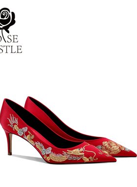 【龙凤呈祥】rose castle 原创手工刺绣红色秀禾婚鞋女中式新娘鞋
