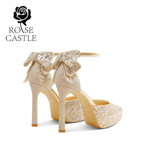 金色蝴蝶结防水台厚底高跟鞋