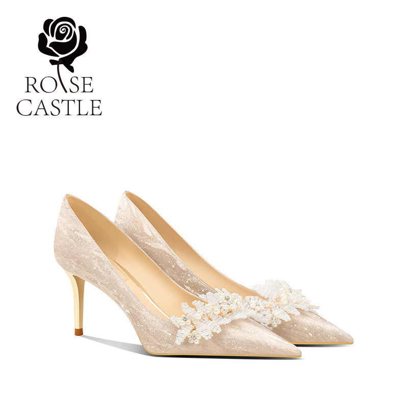 rose castle水晶婚鞋女秀禾婚纱两穿高跟新娘单鞋串珠成人