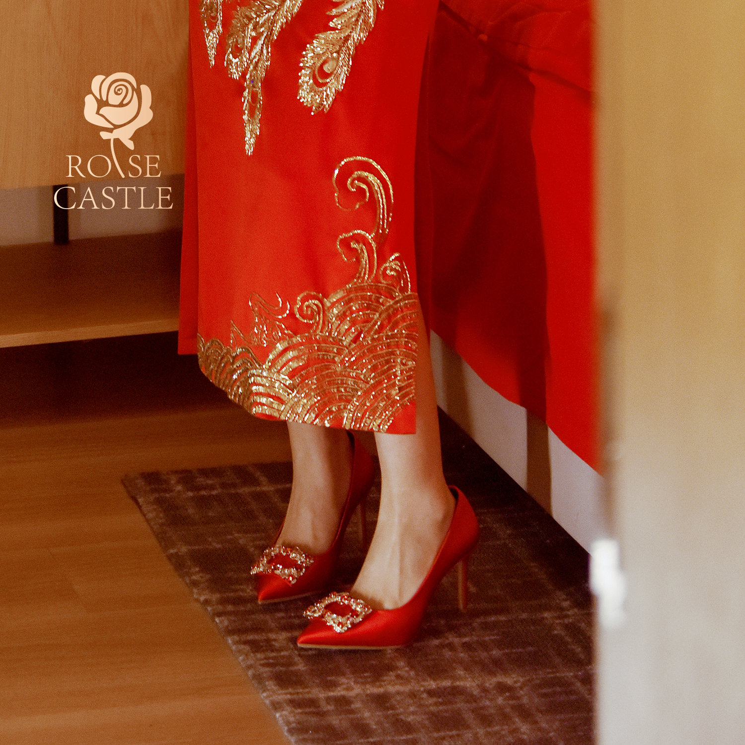 rosecastle红色新娘婚鞋女订婚鞋